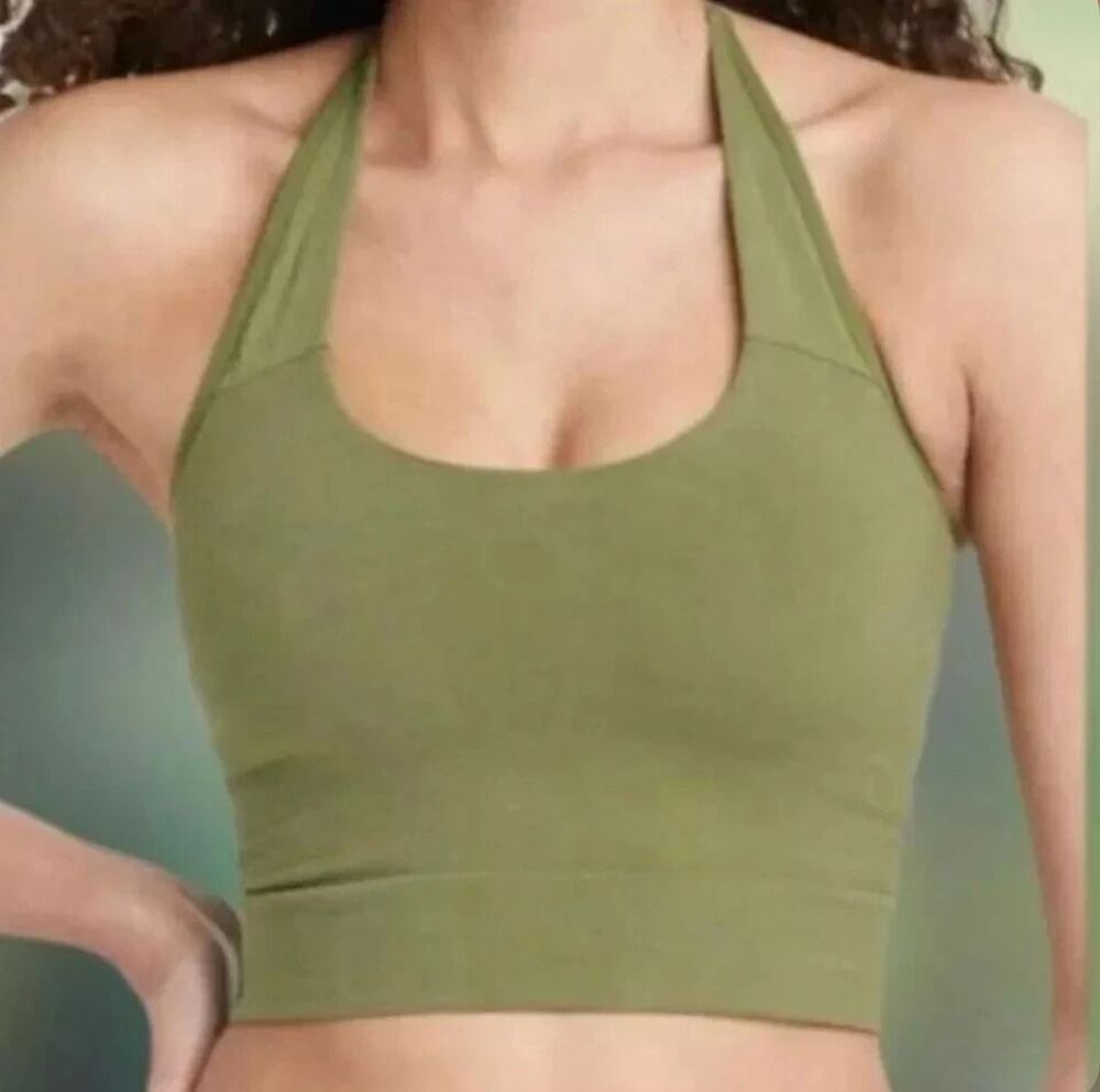 2-Auden Halter Bralette Womens Large Lightly-Lined Removable Pads Green Large